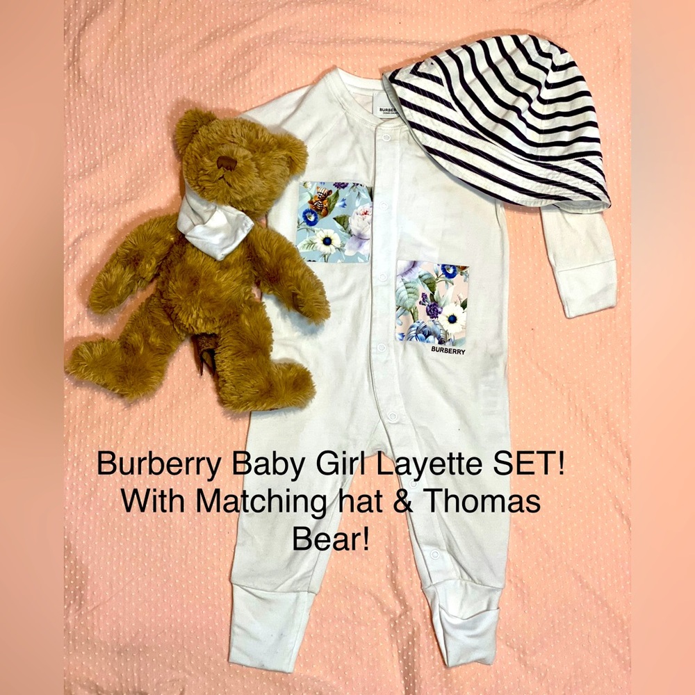 Burberry Baby Girl Layette SET! Logo Romper,Hat&Thomas Bear! EUC🔥Size 9 month💜